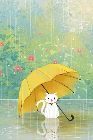 雨水节气之雨伞与猫治愈系场景