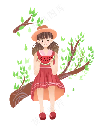夏至吃西瓜女孩