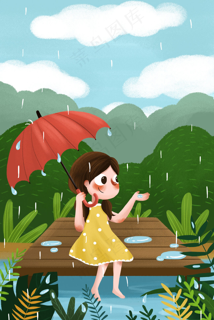 春天春季女孩下雨天谷雨立春24节气雨水