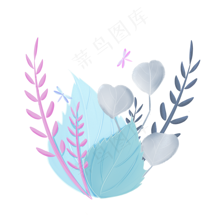 春季剪纸蓝色叶子草丛,免抠元素