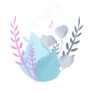 春季剪纸蓝色叶子草丛,免抠元素