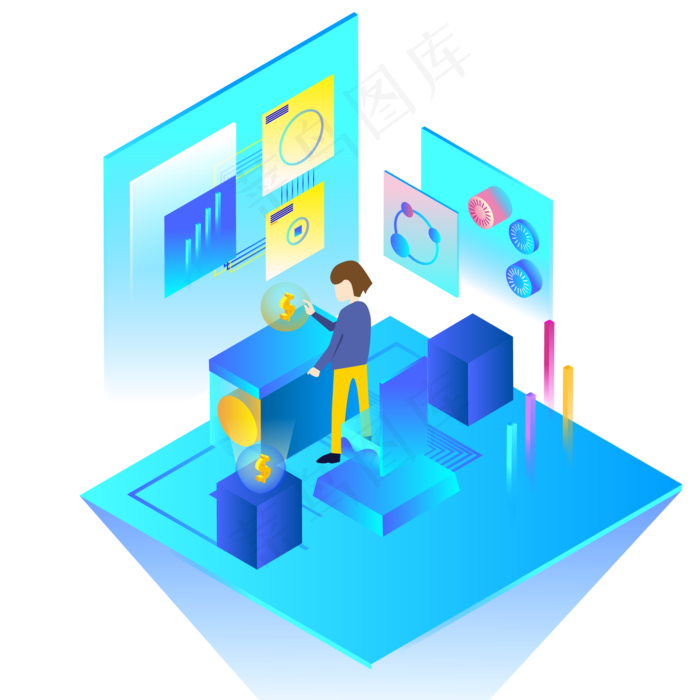 2.5D未来高科技人与电脑,免抠元素