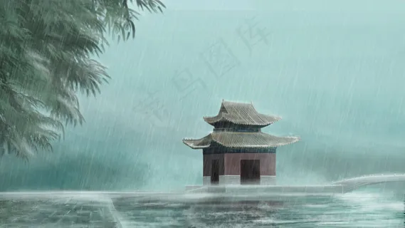 大雨中的古楼厚涂