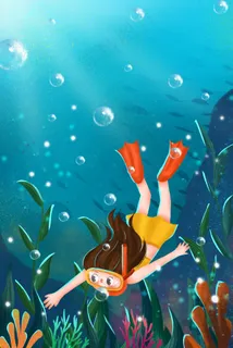 夏天大暑节气女孩海滩潜水