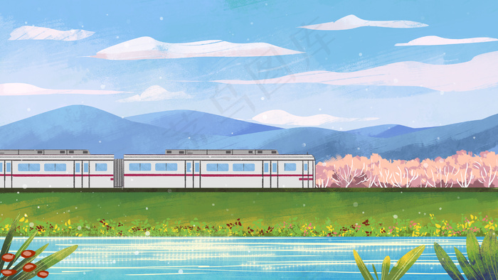 交通工具电车轻轨小清新风景(2880*1620px 300 dpi )psd模版下载