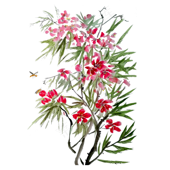 国画写意花鸟夹竹桃蜜蜂春天春色,免抠元素(2742X3885(DPI:72))psd模版下载