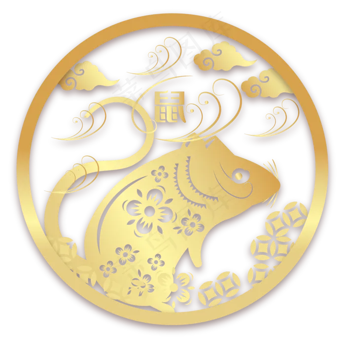 烫金鼠年剪纸装饰,免抠元素(2000*2000px 300 dpi )ai矢量模版下载