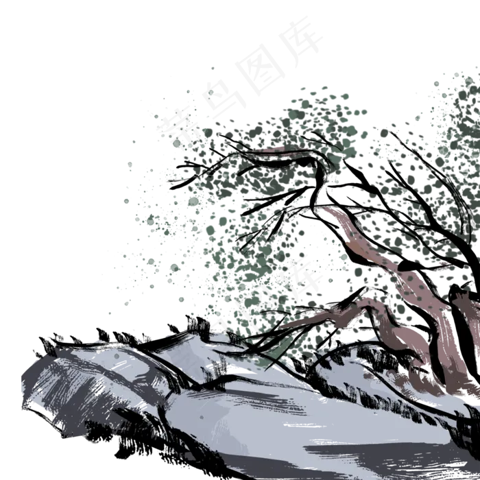 灰色古风山水水墨植物(2000X2000(DPI:300))psd模版下载