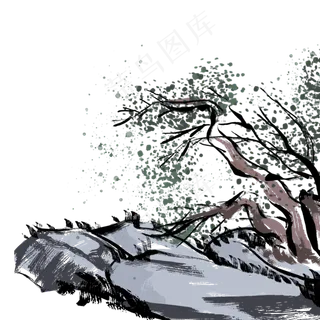 灰色古风山水水墨植物