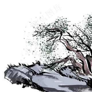 灰色古风山水水墨植物