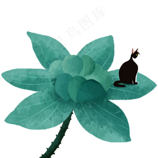 水彩绘站着叶子上的猫咪设计