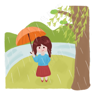 清明打伞的女孩在树林里漫步