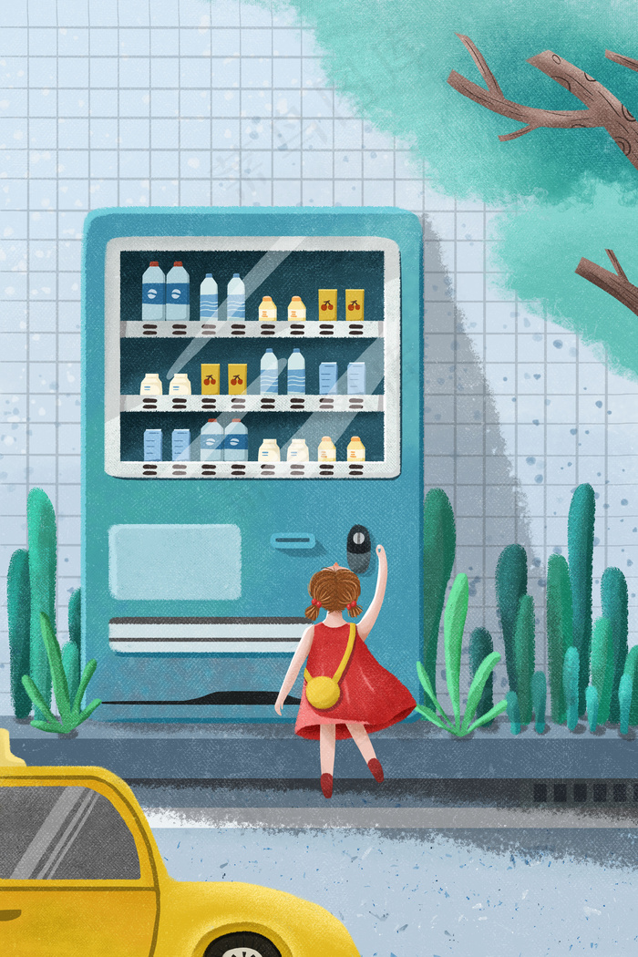 立夏买冷饮的女孩小清新插画