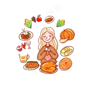 感恩节水彩女孩食物火鸡PNG