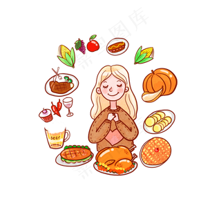 感恩节水彩女孩食物火鸡PNG