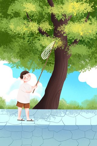 夏天手绘小清新捉虫