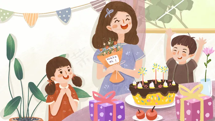 母亲节两个孩子给妈妈过节日(2880X1620(DPI:300))psd模版下载