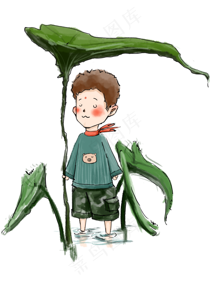 卡通可爱拿荷花的少年免抠图(2480X3508(DPI:300))psd模版下载