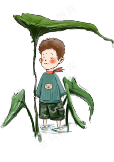 卡通可爱拿荷花的少年免抠图