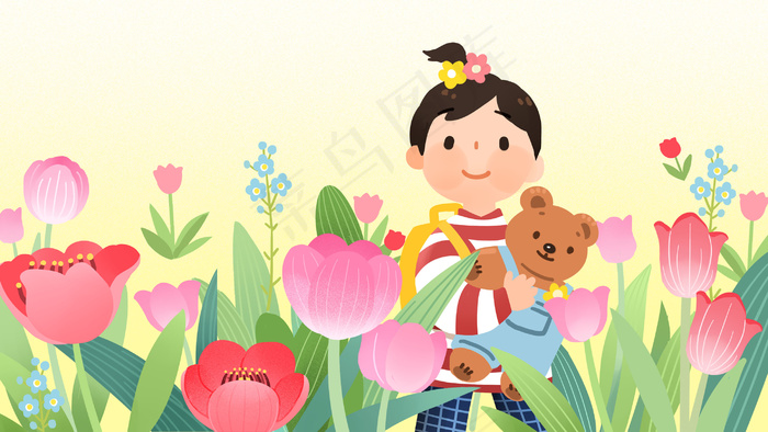 春天踏青赏花女孩公园赏花踏青春游