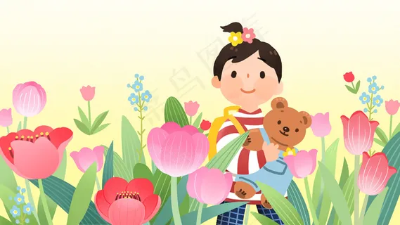 春天踏青赏花女孩公园赏花踏青春游