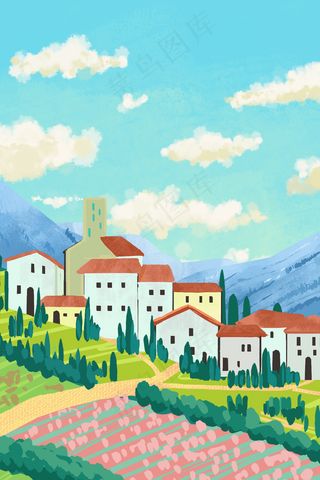 夏日乡村建筑田地风景小清新