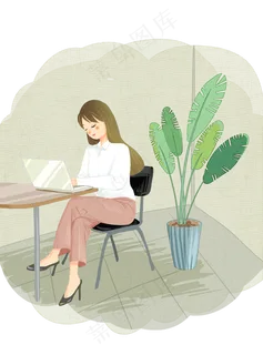 手绘都市文艺风办公室努力工作白,免抠元素