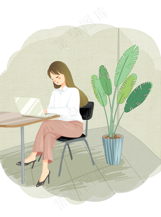 手绘都市文艺风办公室努力工作白,免抠元素