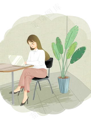 手绘都市文艺风办公室努力工作白,免抠元素