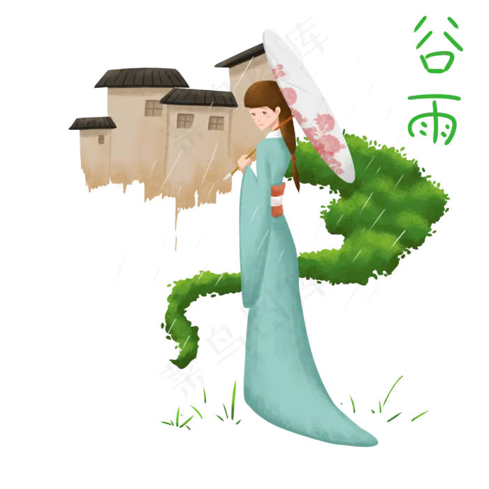 谷雨打伞的小女孩(3000X3000(DPI:300))psd模版下载