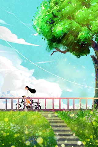 骑车五月你好唯美治愈清新手绘少女夏春天