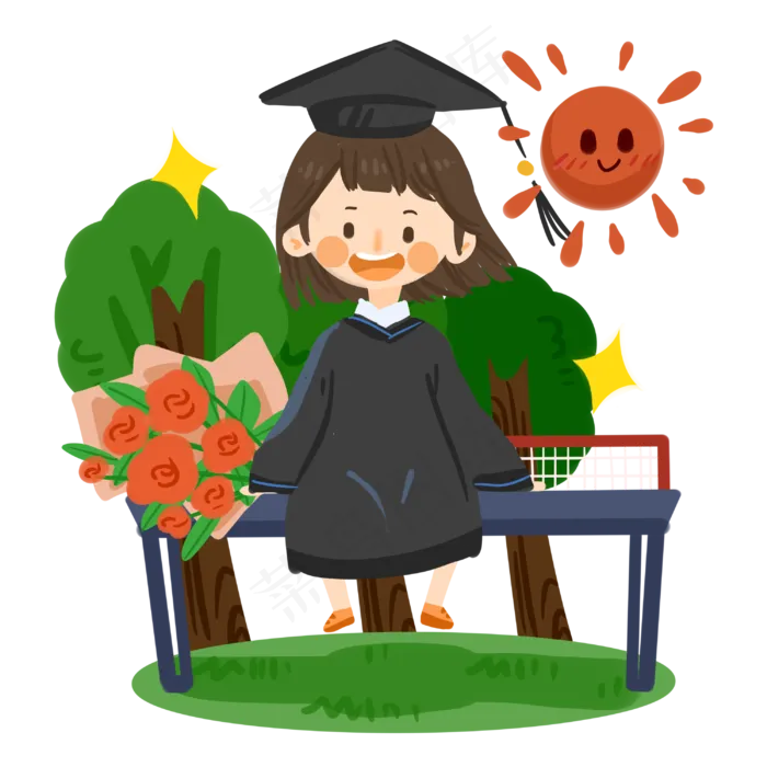 毕业季卡通女孩在校园一角PNG(3000X3000(DPI:300))psd模版下载