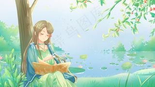 绿色唯美治愈卡通清新夏季阳光小暑风景配图