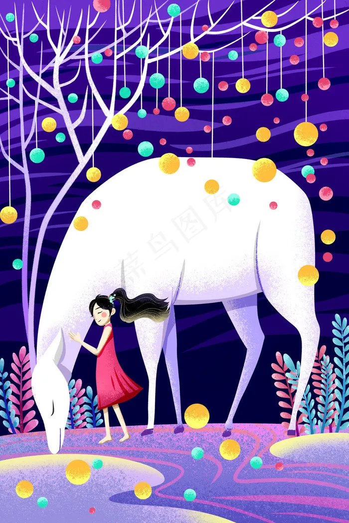 紫色系卡通手绘风缤纷色彩鹿配图(3545*5315px 300 dpi )psd模版下载