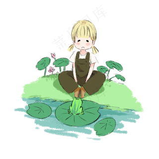 女孩荷花池边盘坐休息