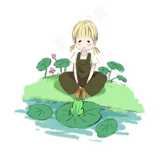 女孩荷花池边盘坐休息