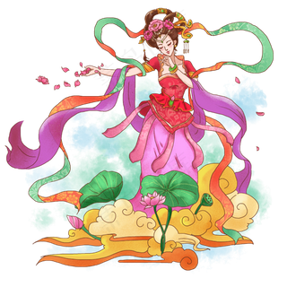 中秋节卡通嫦娥腾云荷花池跳舞撒