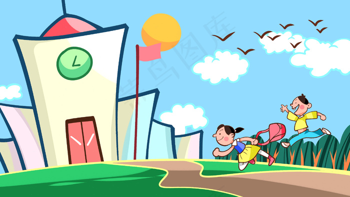 蓝色系卡通手绘风开学季配图