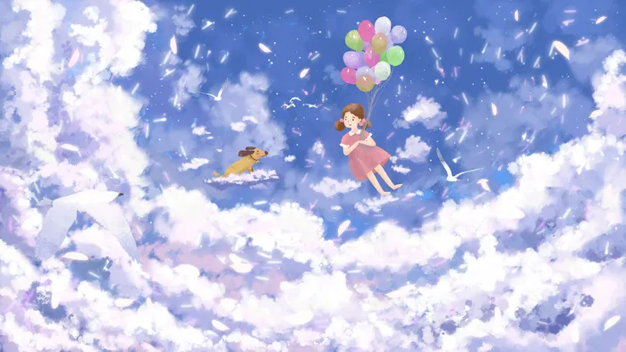 在天空云层中气球漂浮治愈系(2880*1620px 300 dpi )