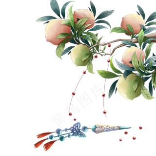 工笔画桃子枝,免抠元素