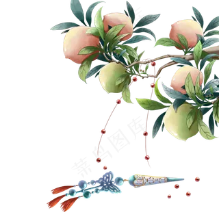 工笔画桃子枝,免抠元素