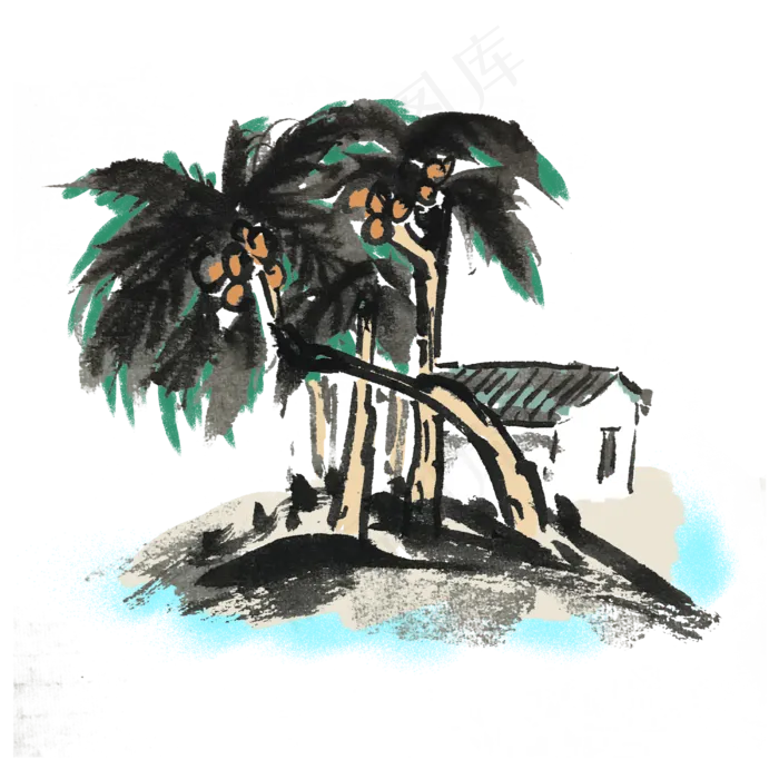 夏天椰子树乡村小景水墨风手绘(4000X4000(DPI:300))psd模版下载