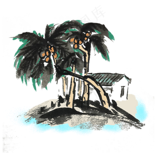 夏天椰子树乡村小景水墨风手绘