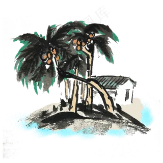 夏天椰子树乡村小景水墨风手绘