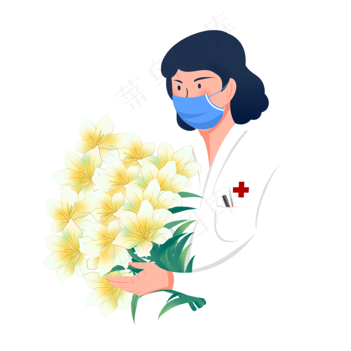 手捧鲜花的女医生,免抠元素(2000*2000px 300 dpi )ai矢量模版下载