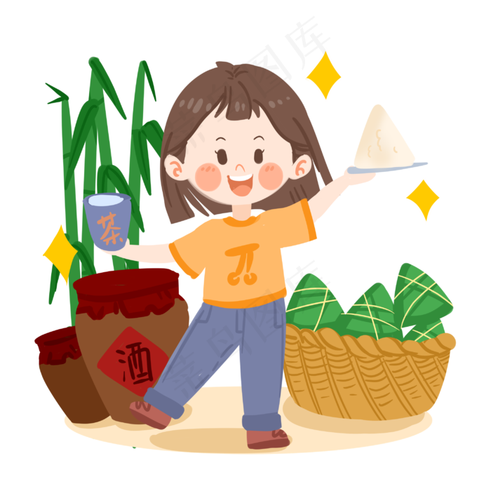 端午节可爱女孩吃粽子PNG素材(3000X3000(DPI:300))psd模版下载