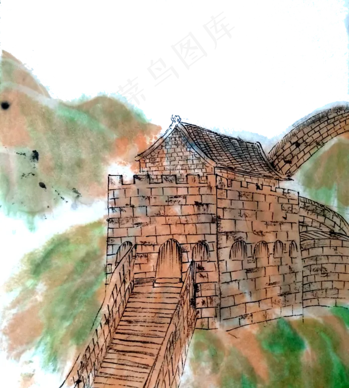 写实水墨长城山水国画(2696X3000(DPI:72))psd模版下载