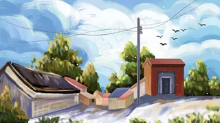 油画风小村庄手绘