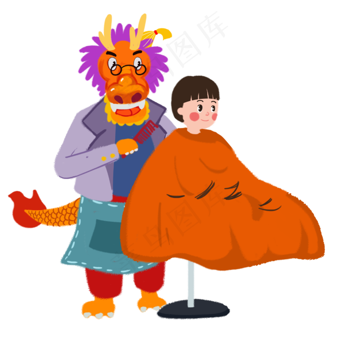 传统龙抬头节日剃喜头手绘人物PNG,免抠元素(3000X3000(DPI:300))psd模版下载