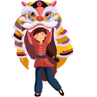 春节带着狮子头耍灯女孩,免抠元素